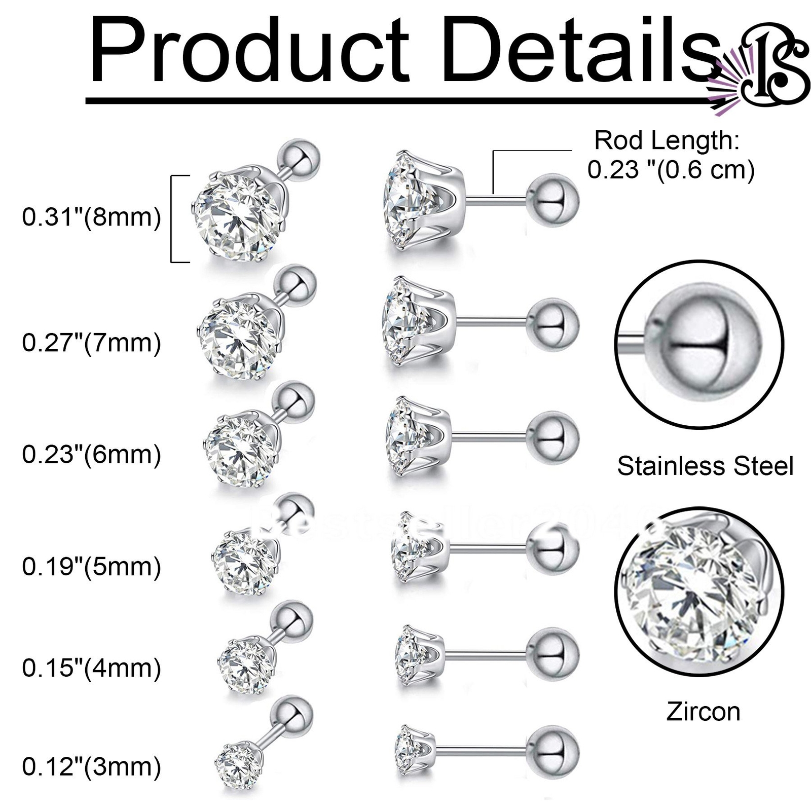 6 Pairs Stainless Steel Round Cubic Zirconia Stud Earrings Set for Men Women
