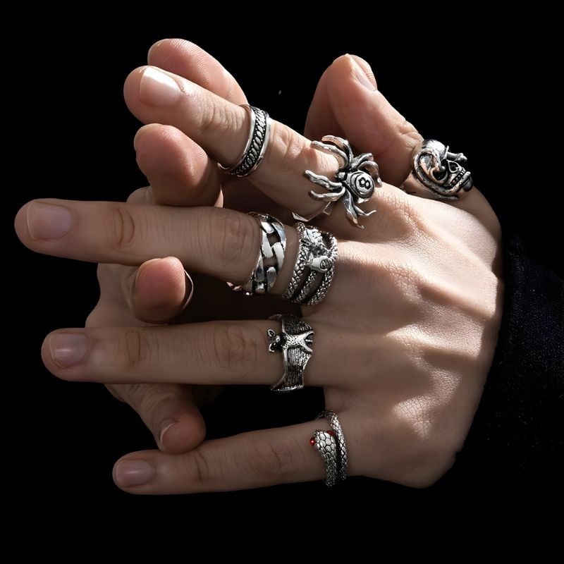 Men’s Silver Ring Set (7 Pieces) Gothic Rave Punk Silver Ring Set Y2K