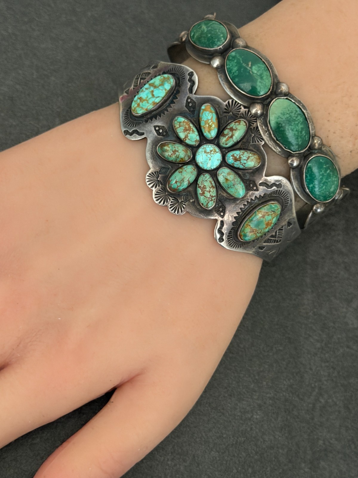 OLD Fred Harvey Era Navajo CERRILLOS Turquoise Silver Bracelet 7 in