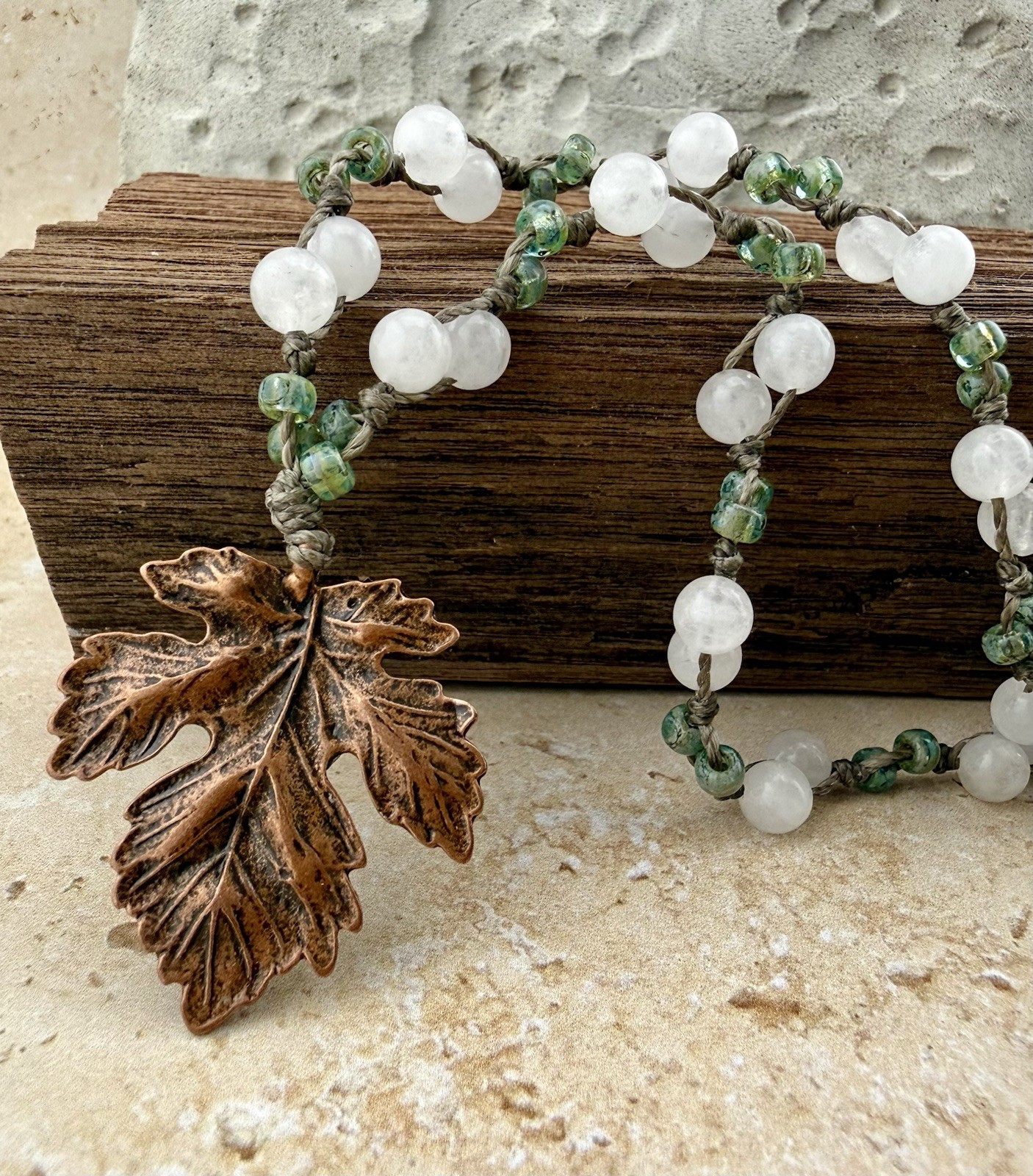 Copper Maple Leaf w/ White Jade, Seafoam Miyuki Necklace. Artisan Made in USA