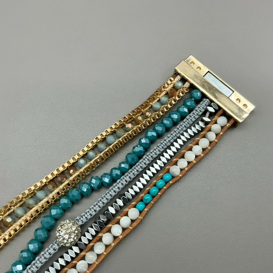 Victoria Emerson Bracelet Multi Strand Teal Beaded Crystal Leather Magnetic 7.5″