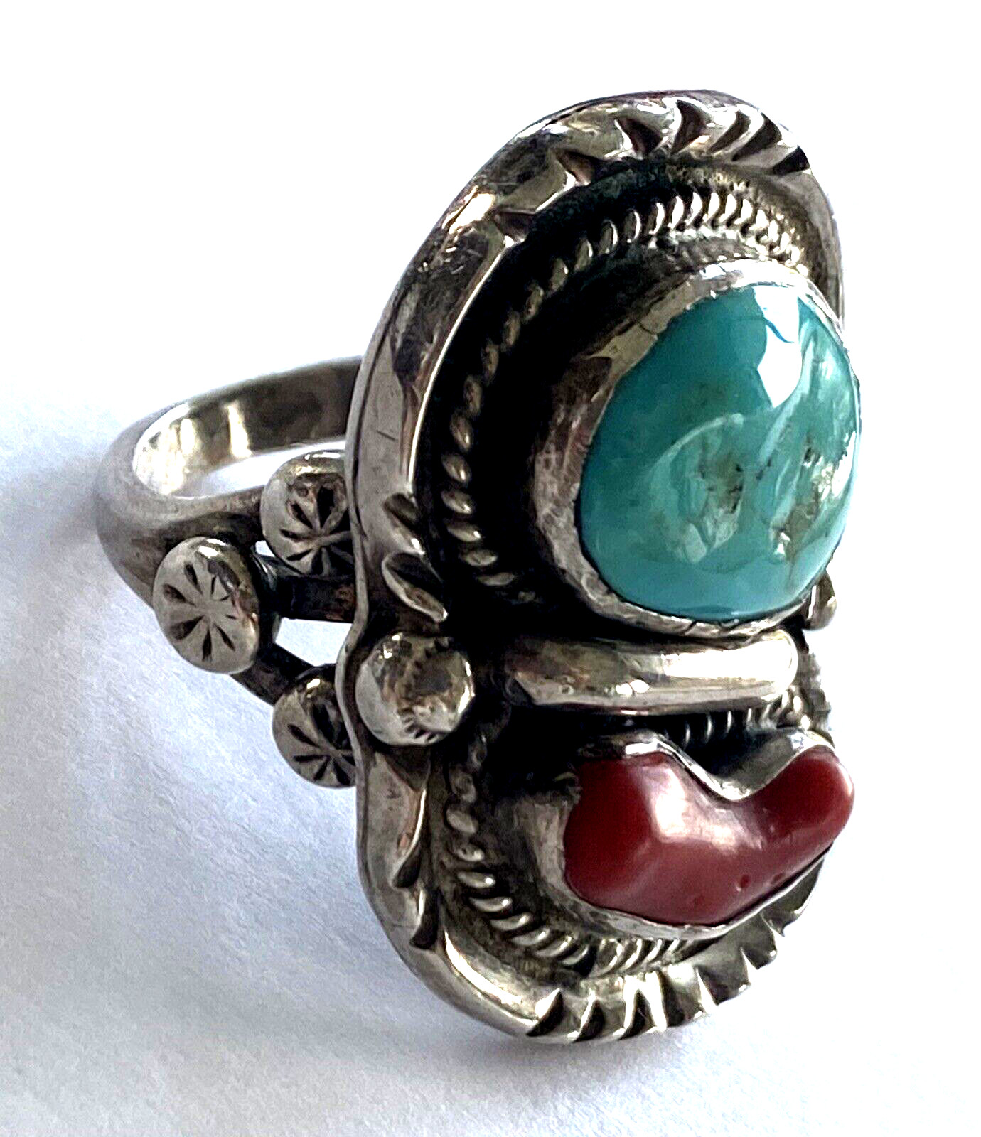 Vintage Native American Turquoise Red Coral Men’s Ring 28.41gr Size 12