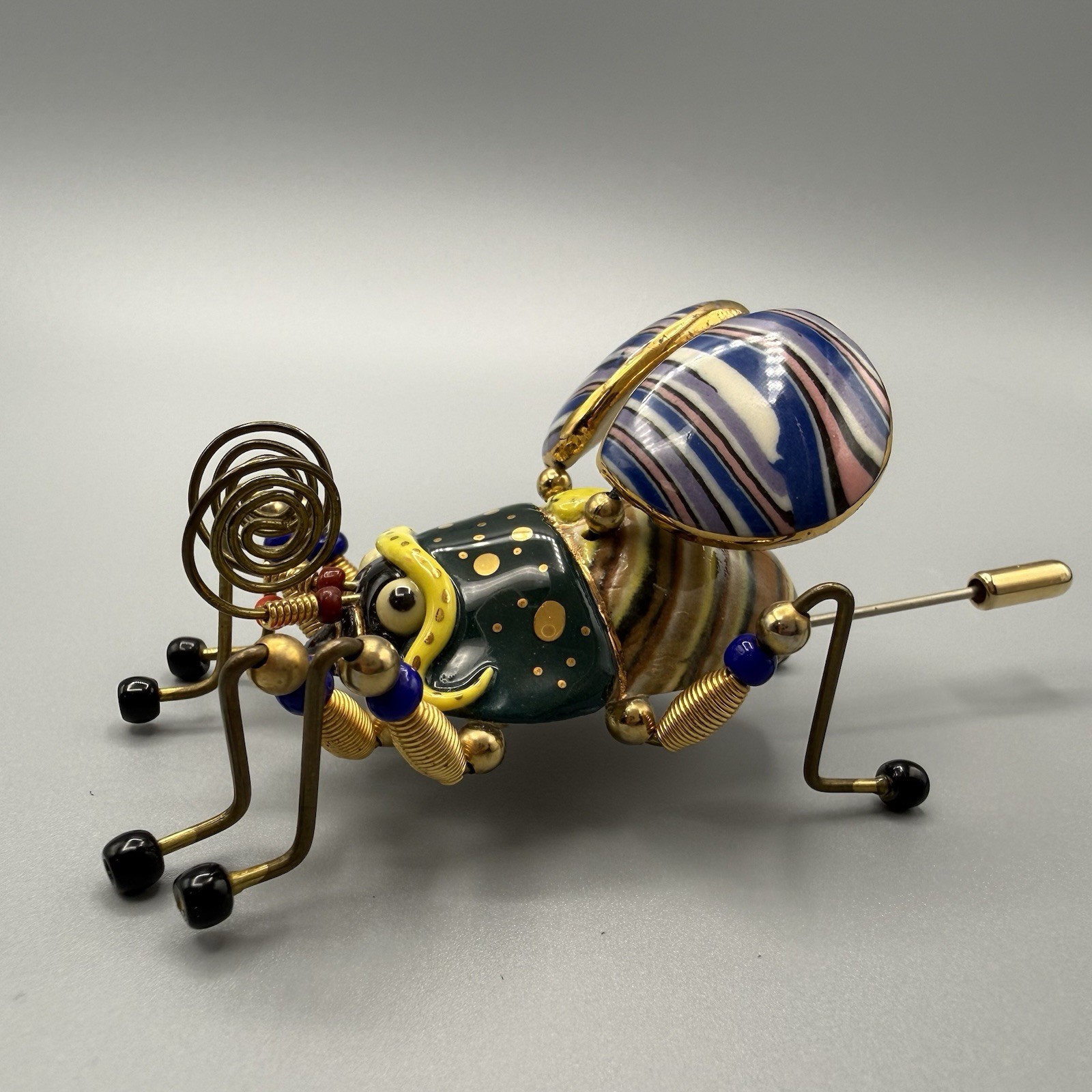 Cynthia Chuang Jewelry 10 Bee Beetle Pin 3″ Porcelain Glass Metal Whimsy Unique