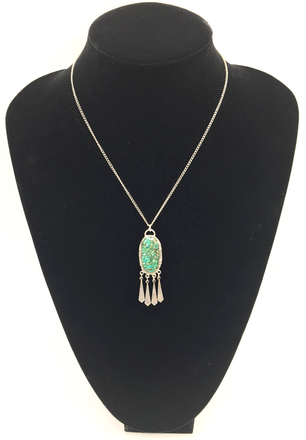Handmade Nickle Silver Oval Pendant Turquoise Chips Dangling 18″ Chain Necklace