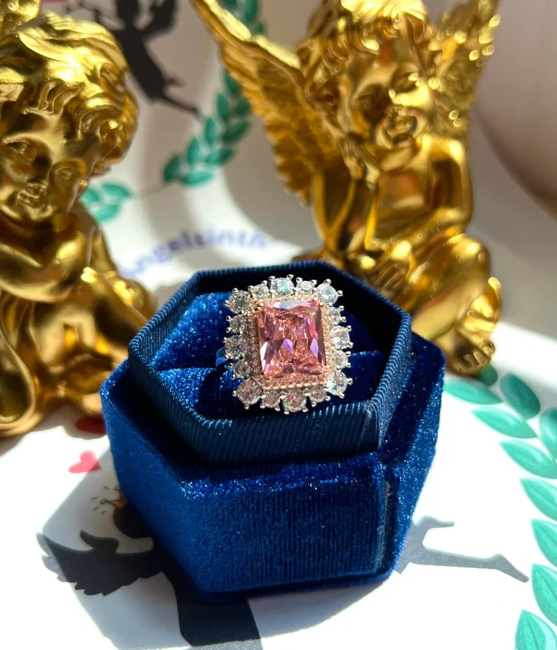 4.90Ct Cushion Cut Natural Pink Sapphire & Diamond 14K White Gold Wedding Ring
