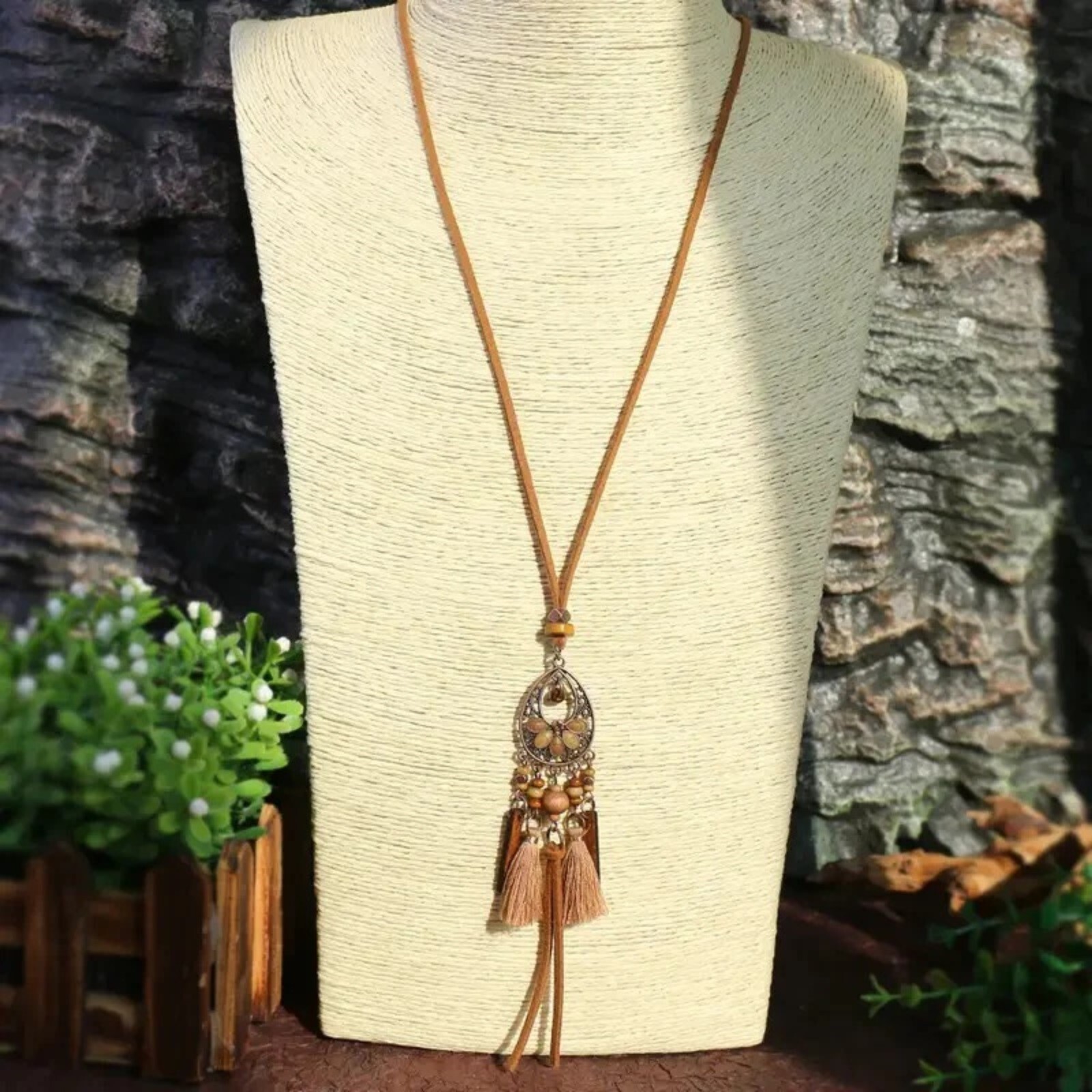 Rustic Antique Copper Enamel Tassel Pendant Vegan Suede Long Boho Necklace