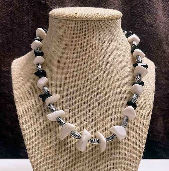 Black & white agate necklace handmade silver spacers 16 in Casual Work elegant