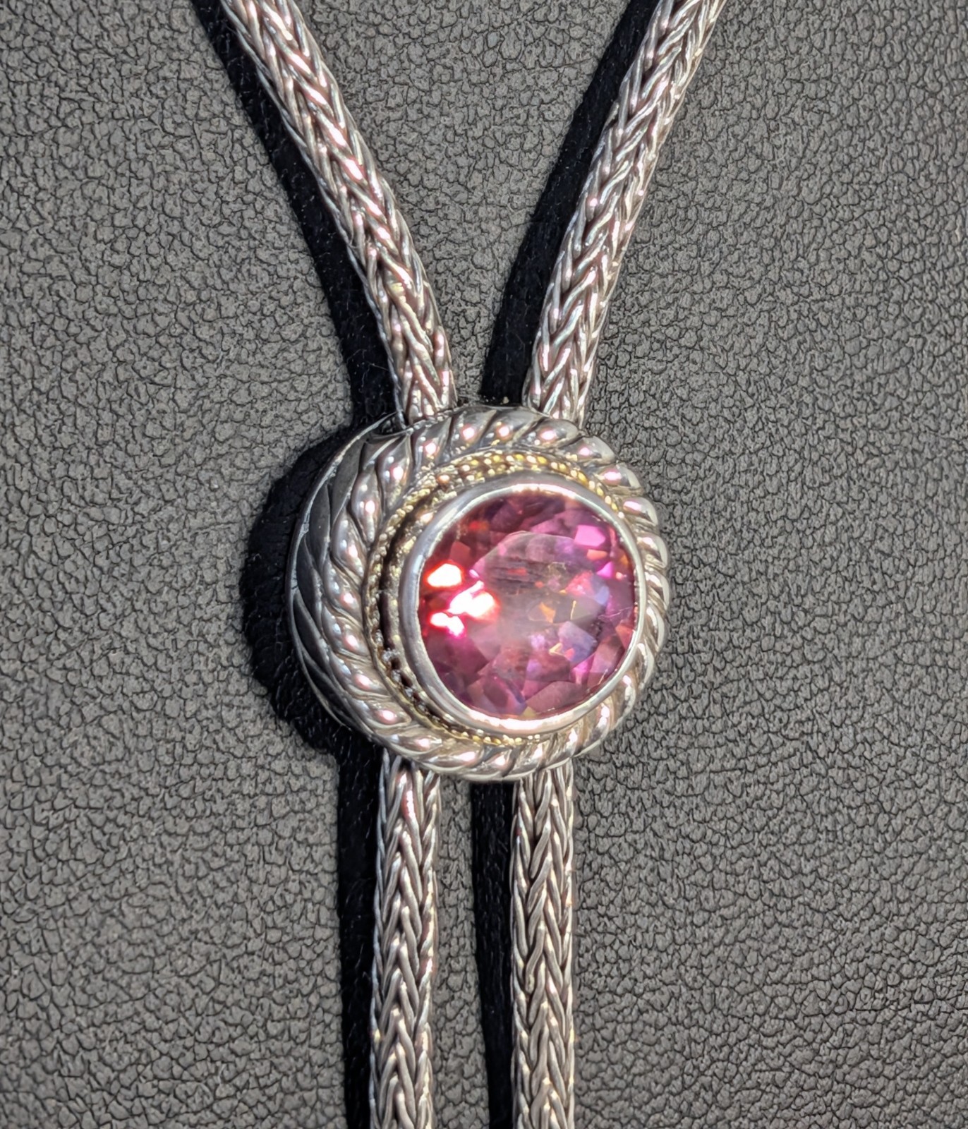 ** (NOS) Bali Designs Pink Quartz Cable Slide Bolo Necklace (28″,~40g) AR-64