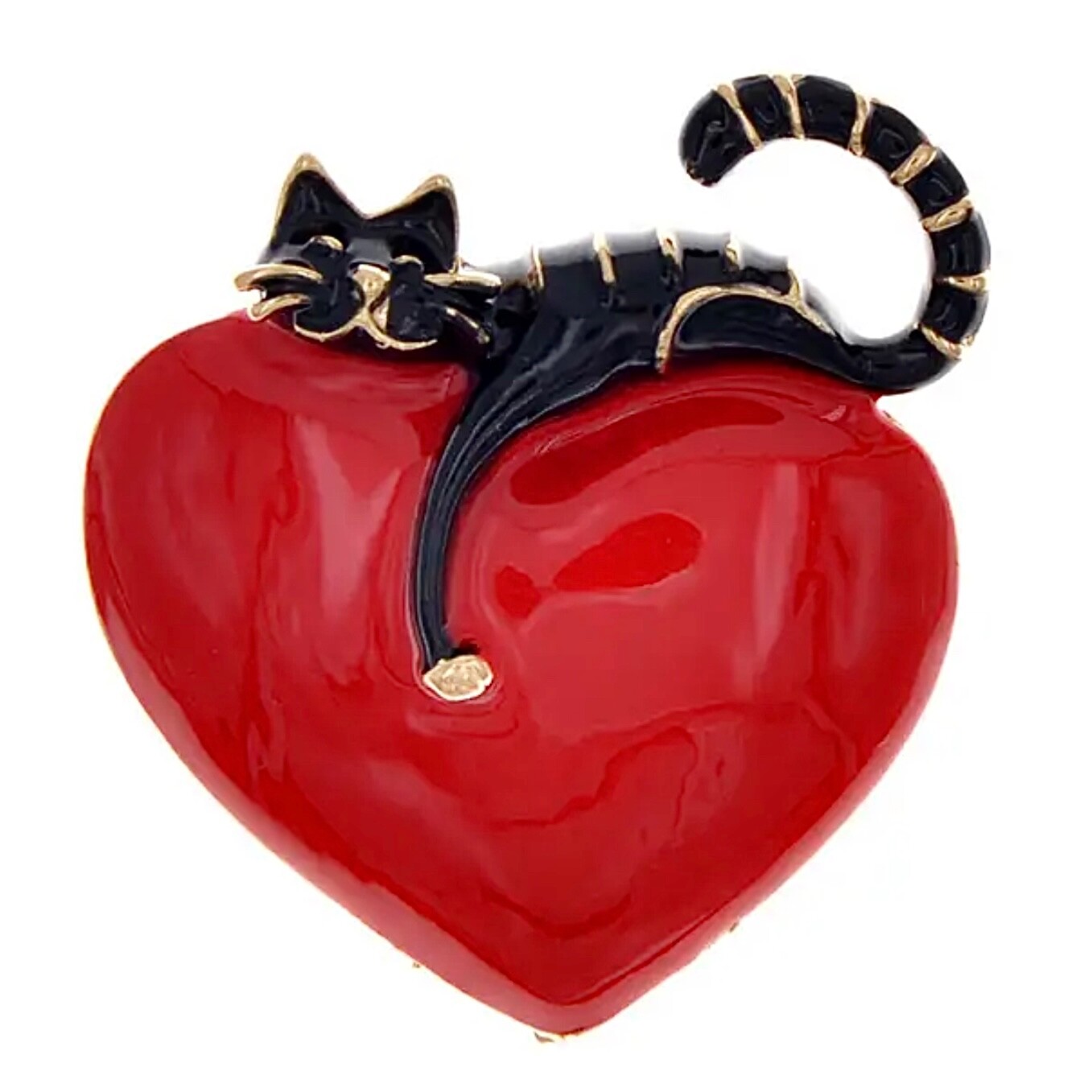 Rich red, shiny heart with comfy cat resting on top. Puffed up. Pin, brooch.