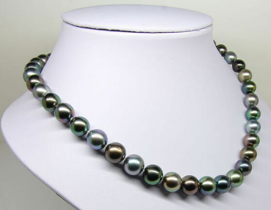 18″8-9mm south sea genuine black multiclor pearl necklace round 14k