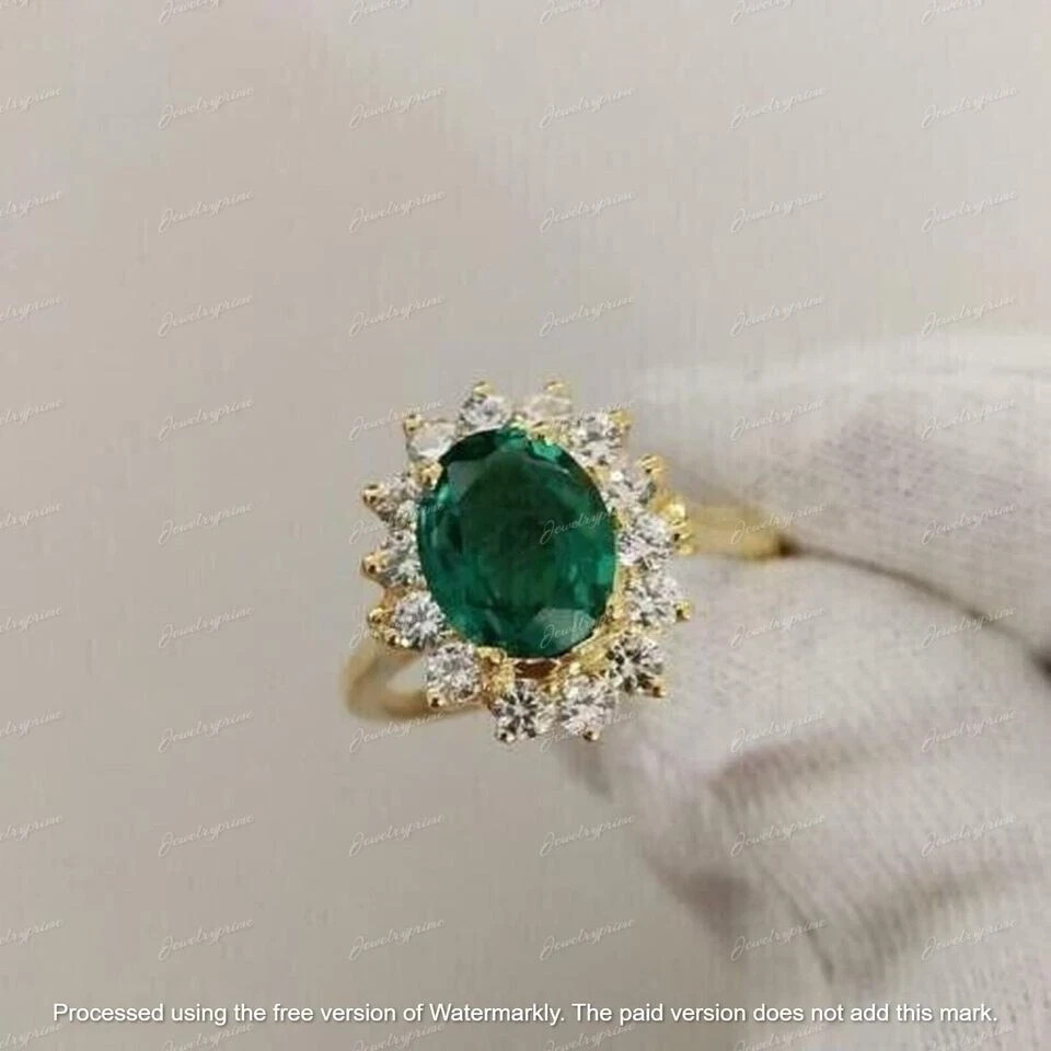 2.30Ct Oval Cut Green Emerald Lab-Created Engagement Ring 14k Yellow Gold Plated