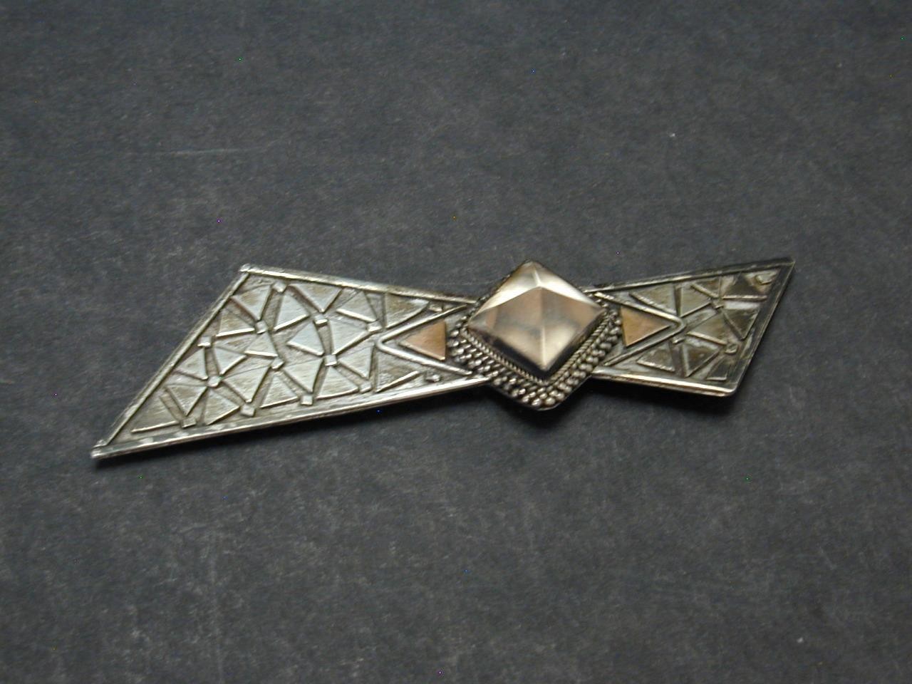 Vtg MCM Studio Modernist Sterling Copper Textured Quartz? Bow Brooch Pin Silver