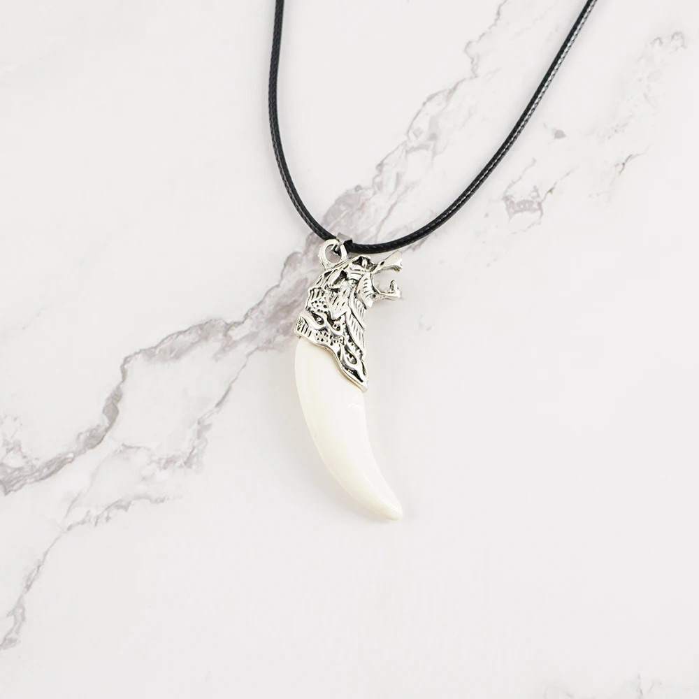 White Wolf Tooth Pendant Necklace Rope Chain Animal Amulet Jewelry