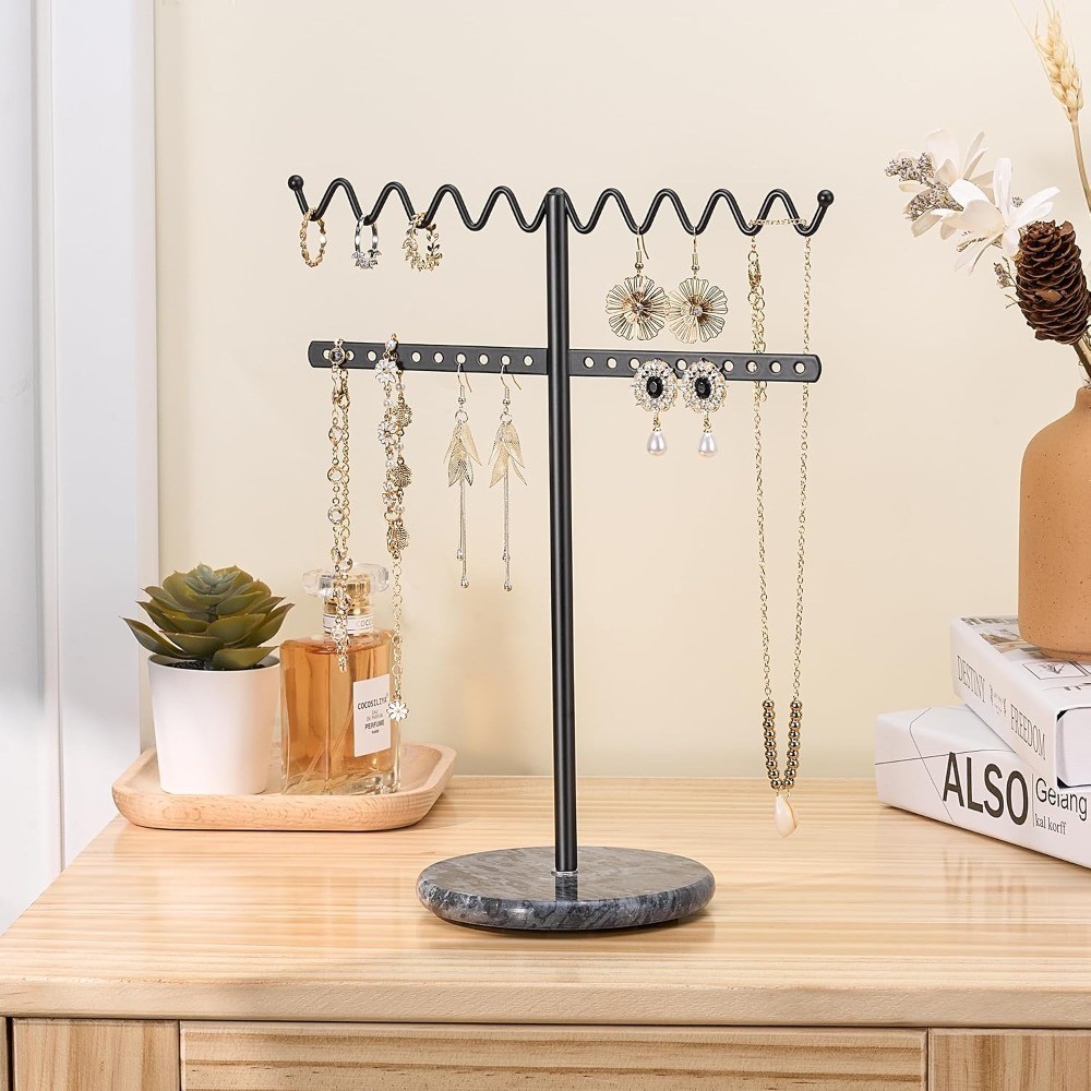 Jewelry Stand Necklace Holder, Black Metal Jewelry Organizer with Wavy Necklace