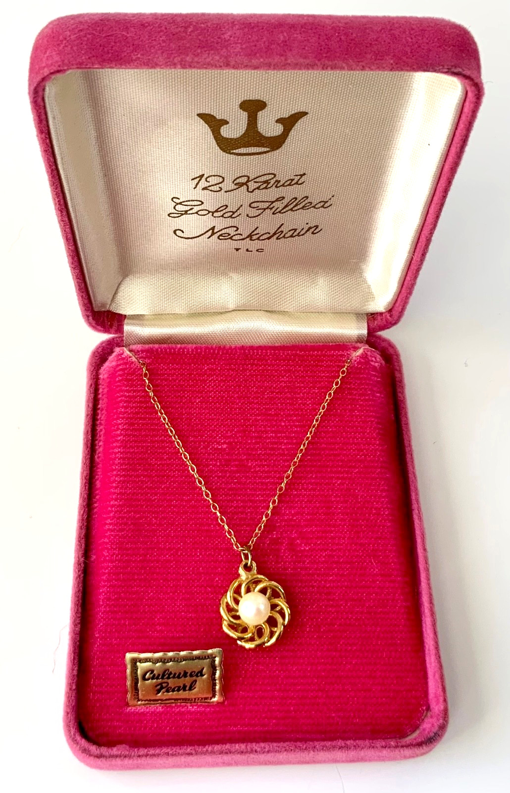 Vintage 12K Gold Filled Cultured Pearl Pendant Necklace 15” chain original Box
