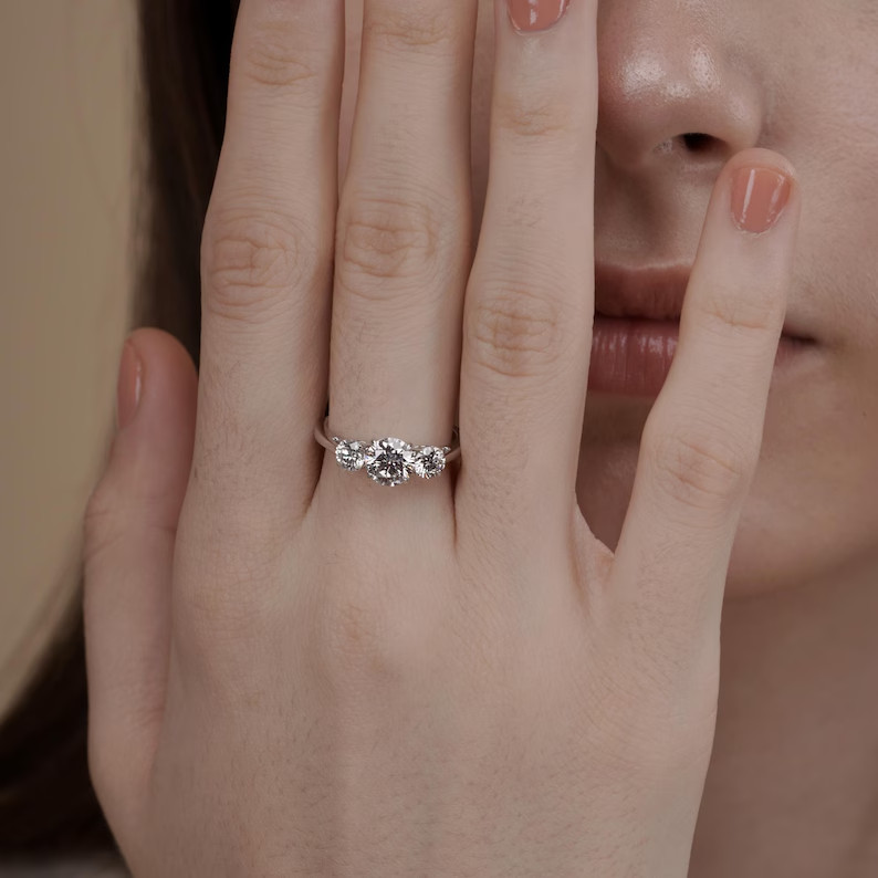 14K Three Stone Engagement Ring 1.694 CTW FG VVS-VS Round Lab Grown Diamond