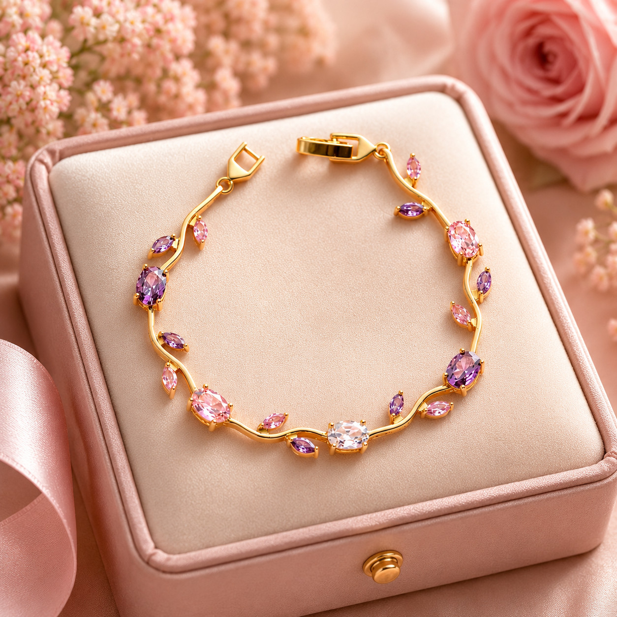 Luxury Gold Tone Pink & Purple Crystal Vine Bracelet | Elegant Floral Jewelry