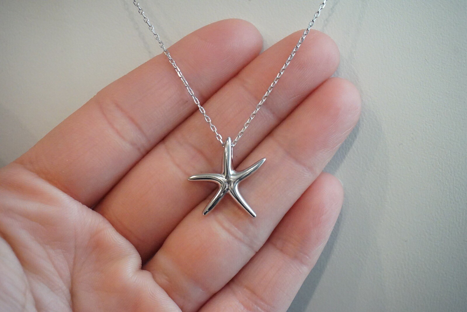 Solid Women Sterling Silver 18mm “Starfish”Pendant 16.5”Long Necklace -D
