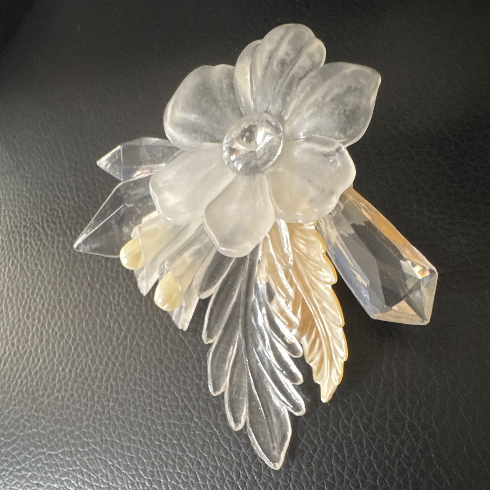 Clear Gold Tone Flower Brooch Pin w/ Clear Round Simulated Rhinestone Center