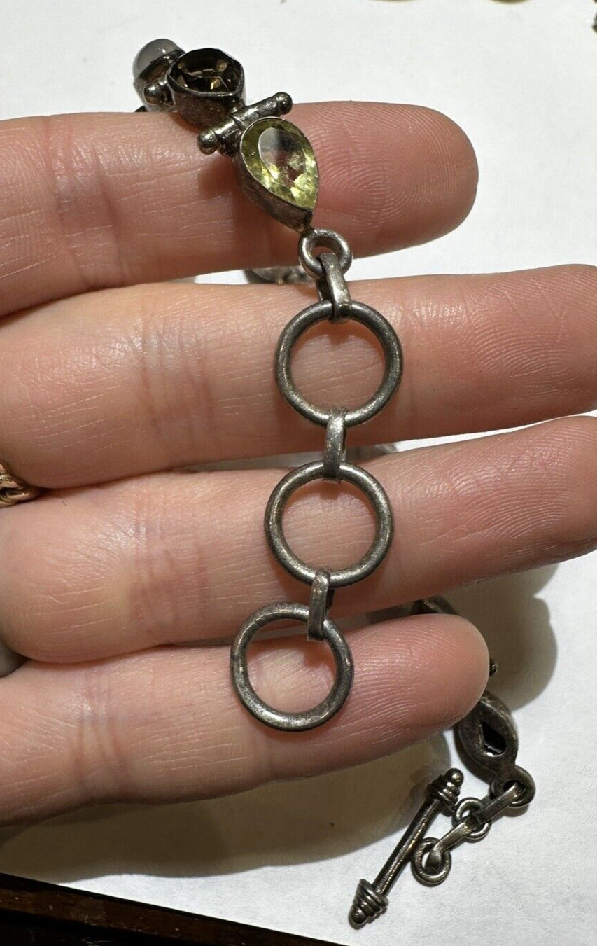 Vintage Silver Teardrop Smoky Quartz Citrine Black Onyx 8.5″ Bracelet DA5
