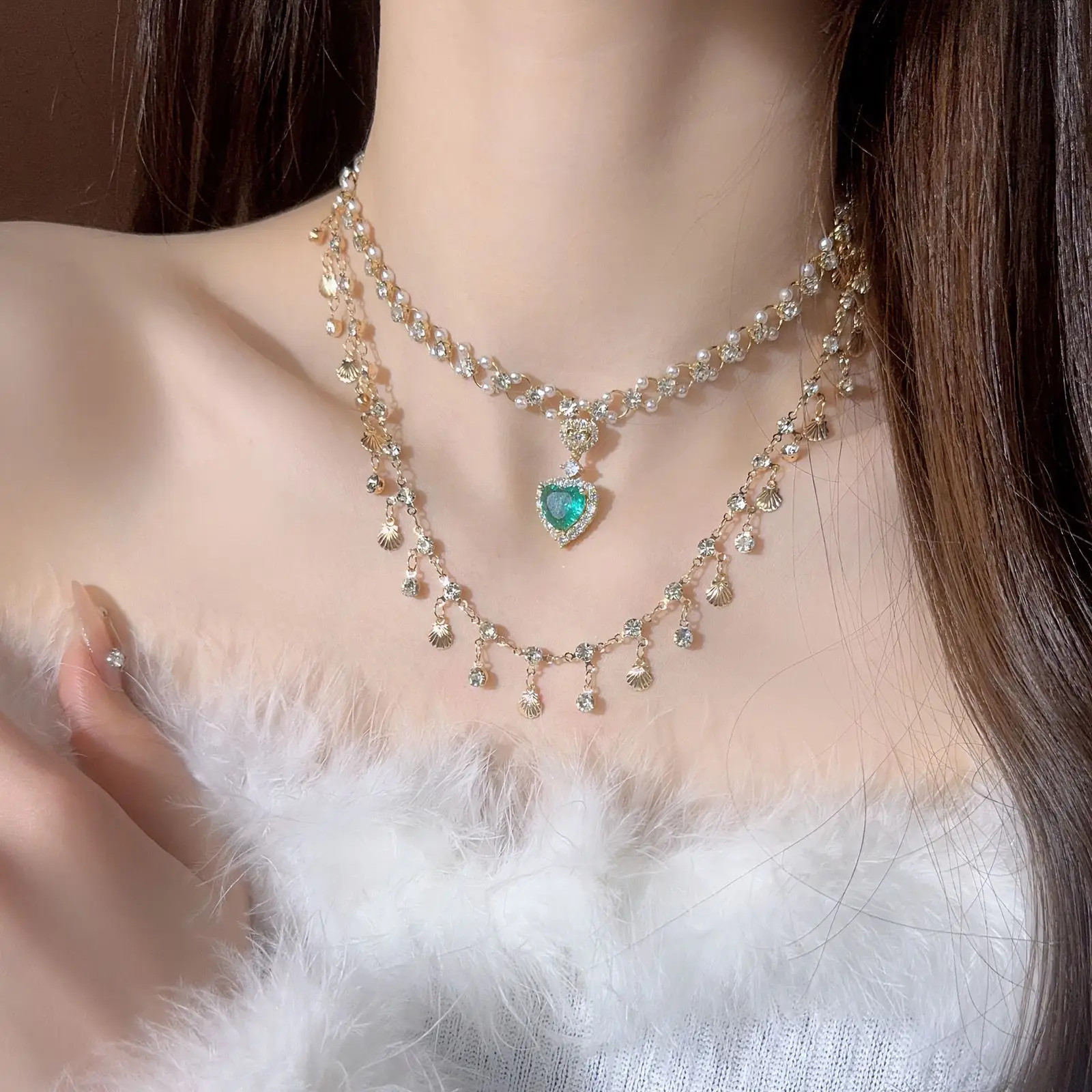 Multi-layer Copper Alloy Simulation Crystal Necklace Women Hanfu Collarbone Girl