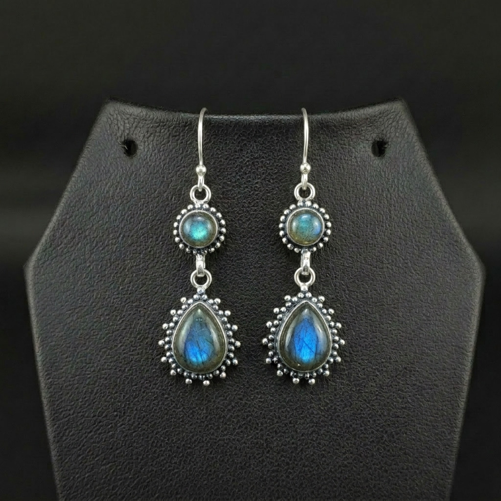 Labradorite Gemstone 925 sterling silver handmade Dangle Drop Earrings 2.25″