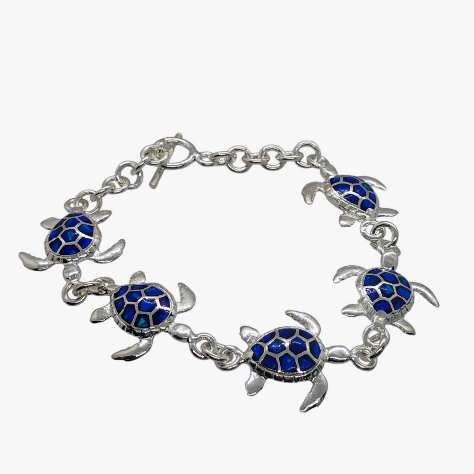Sterling Silver Blue Lab Opal Inlay Sea Turtle Link Bracelet Toggle Clasp Size 7