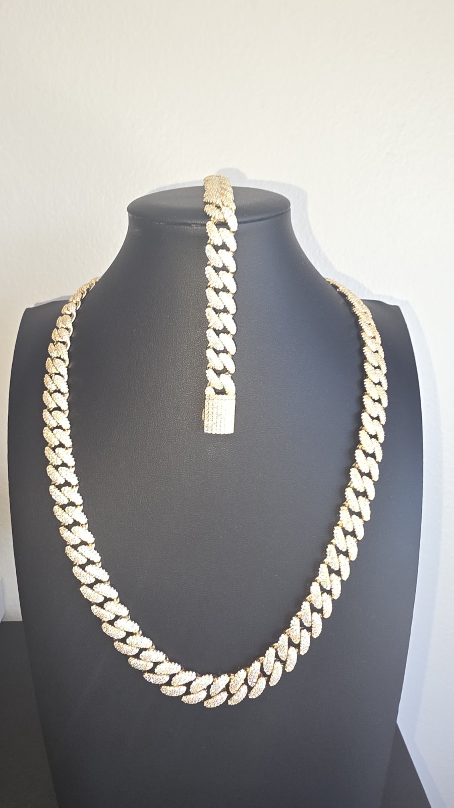 Iced Out Moissanite 12mm Miami Cuban COMBO Chain & Bracelet Gold over 925 Silver