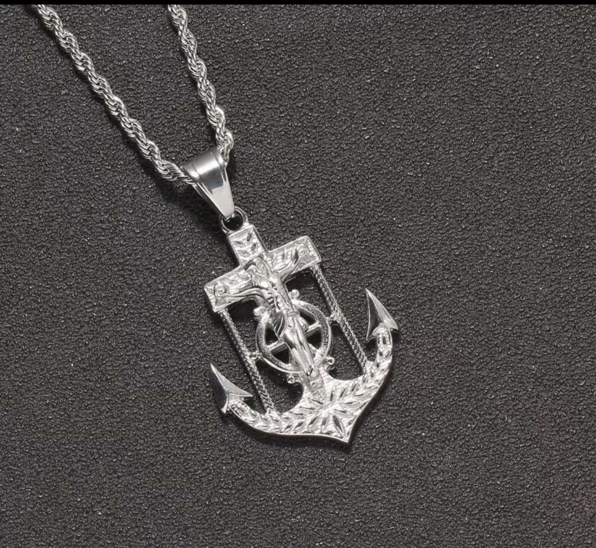 Silver Anchor Charm Pendant Necklace, Rope Chain, Nautical Theme, No Stone