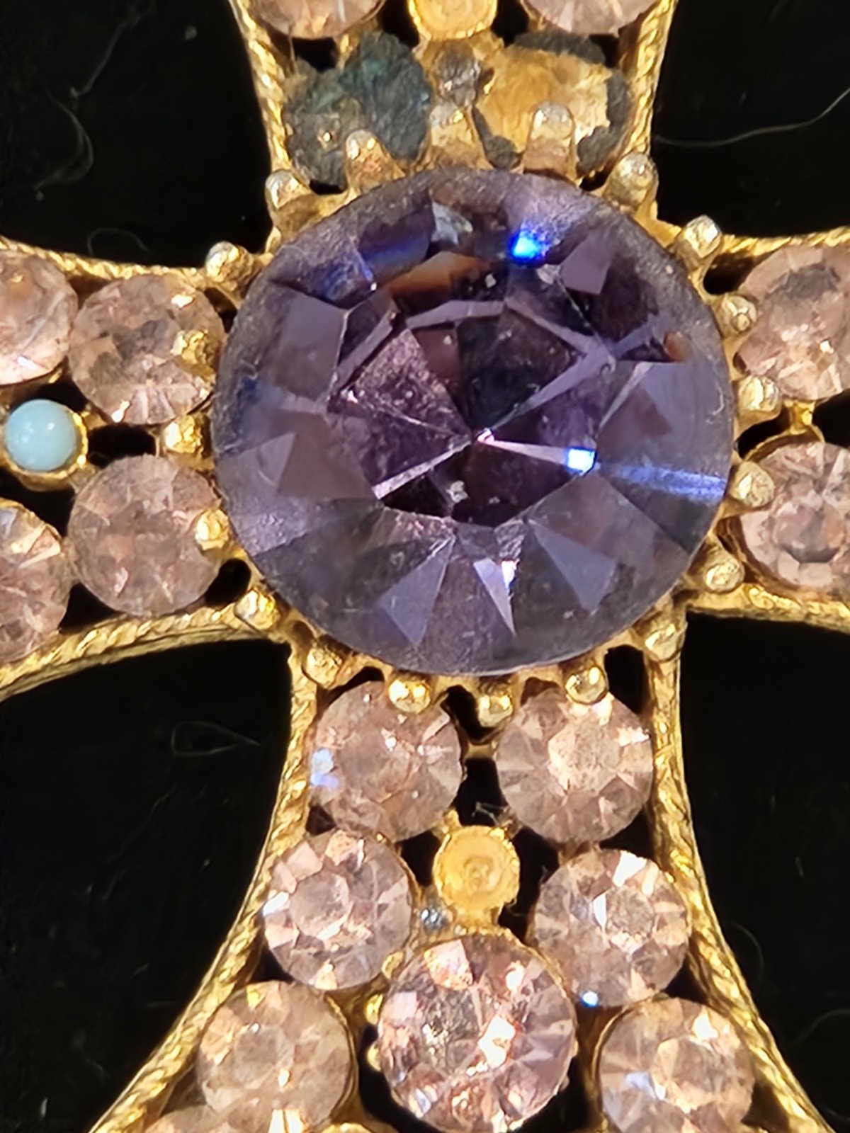 Vintage Signed BSK Maltese Cross Pendant Slide Purple Rhinestone As Is 2 inch