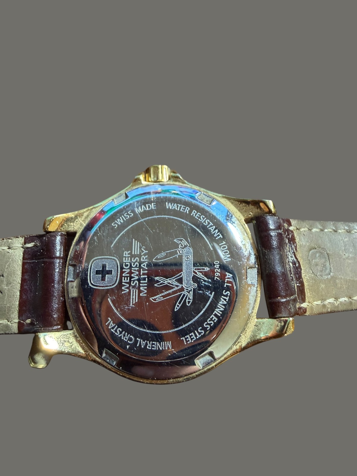 Wenger Swiss Military Women’s Gold Tone Watch 79240 White Dial Brown Leather