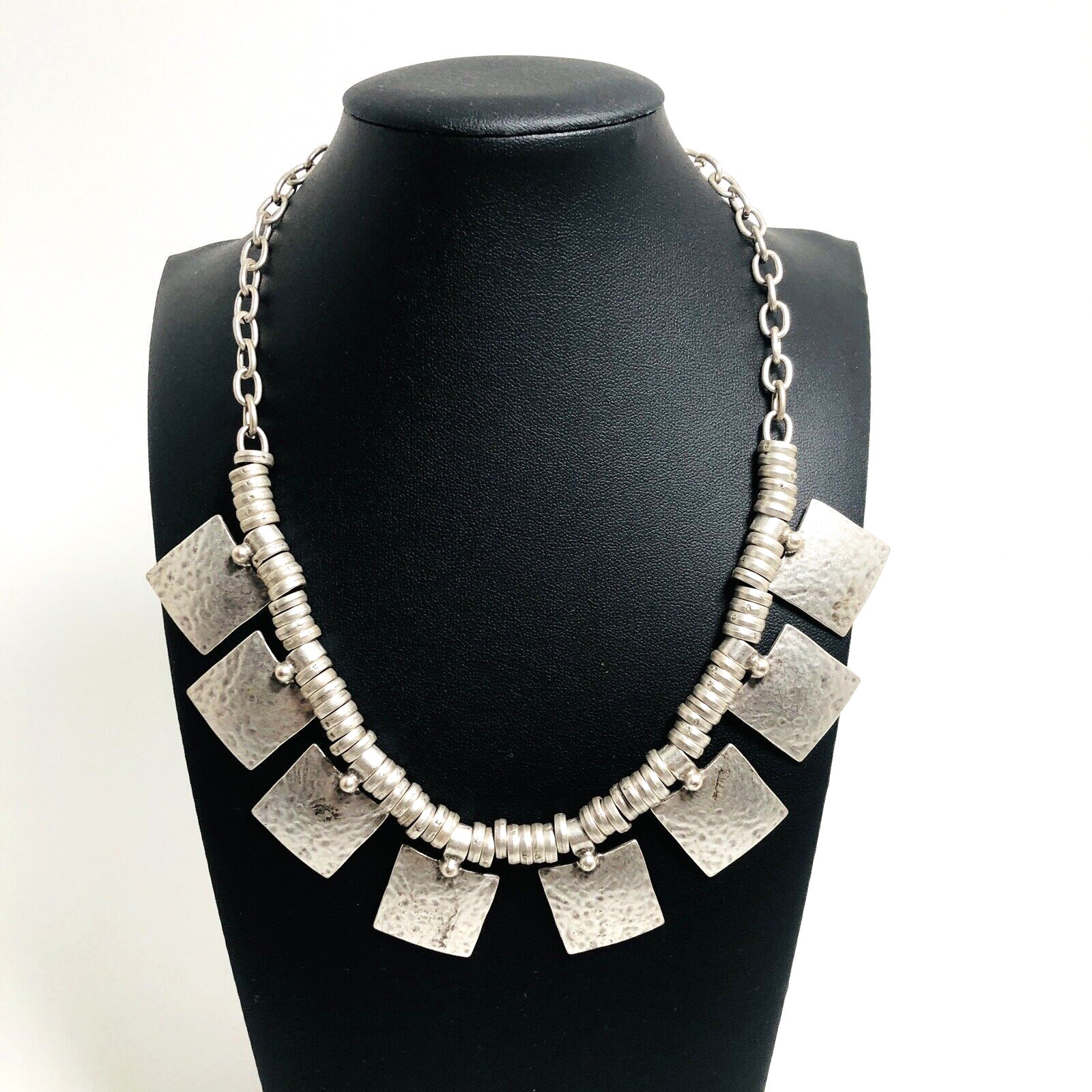 Necklace Silver Hammered Metal Abstract Lead Free Nickel Free Lalou Brand 19.5″