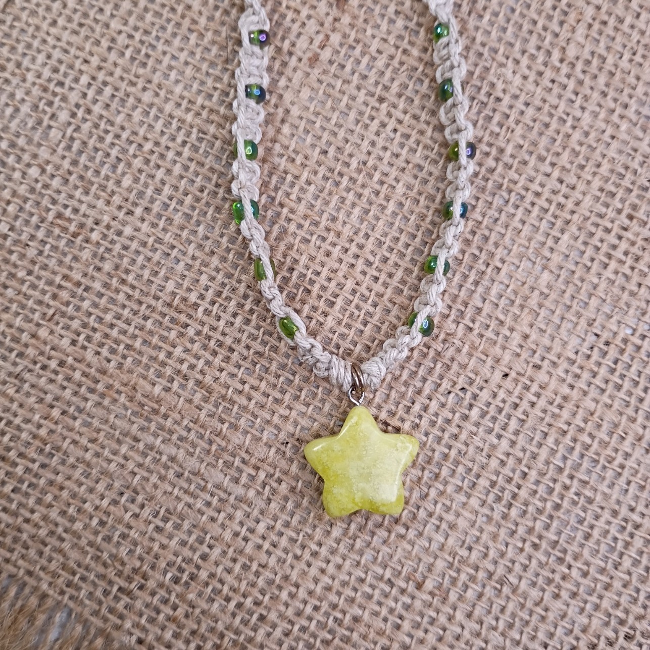 Natural Hemp Necklace w/ Jasper Star Charm & AB Beads, 16 -21 inch Ready to Ship