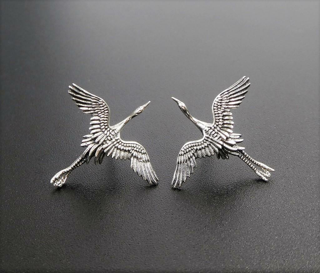 Unique Sterling Silver Flying Egret Stork Bird Stud Post Earrings Fine Details