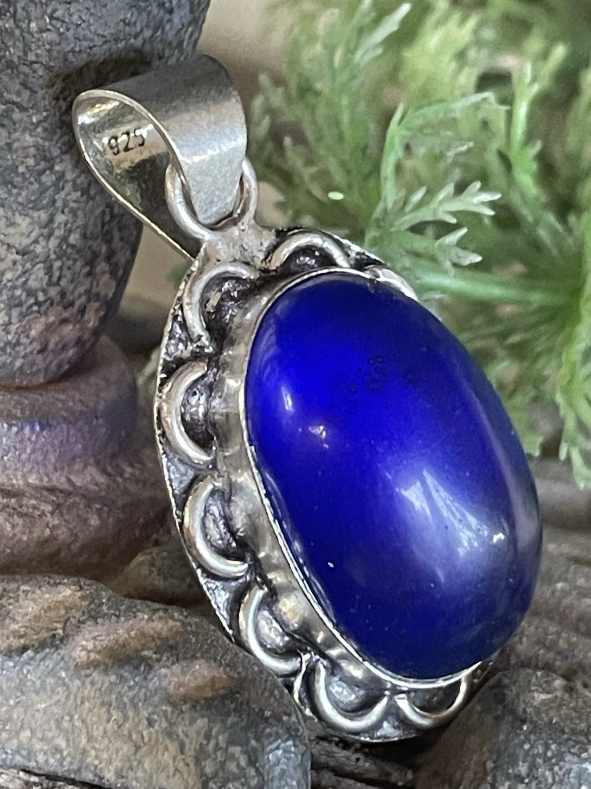 Sterling Silver 925 Cobalt Blue Glass? Cabochon Oval Pendant Vintage Style Boho