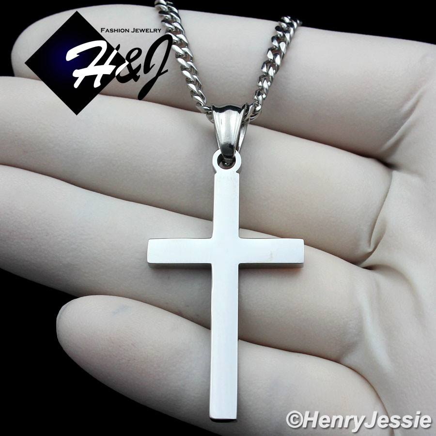 18-36″Stainless Steel 3mm Silver Cuban Curb Chain Necklace Plain Cross Pendant*P