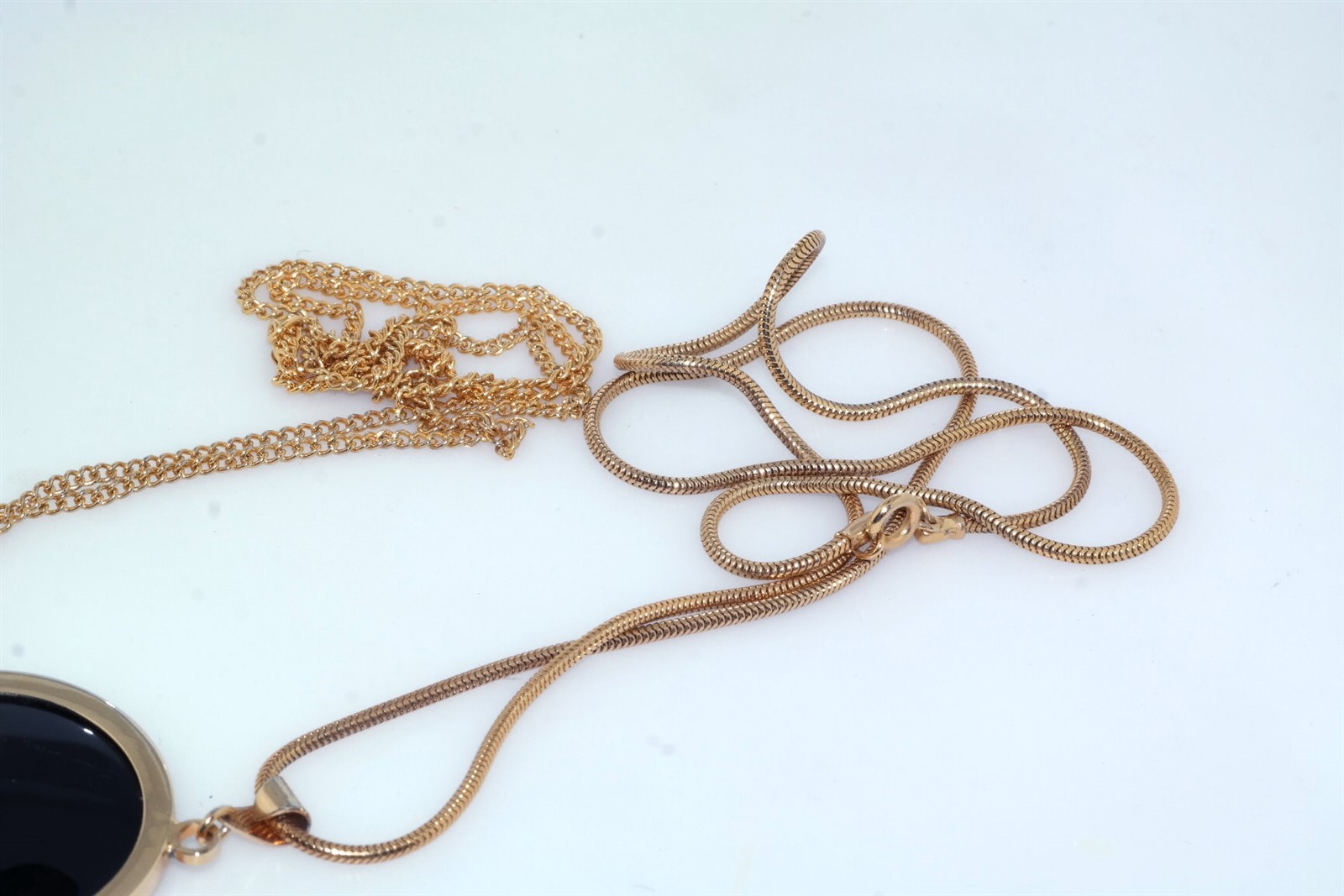 2 Vtg Pendant Necklaces Gold Foil Inlay Damascene & Gold Foil Black Lucite