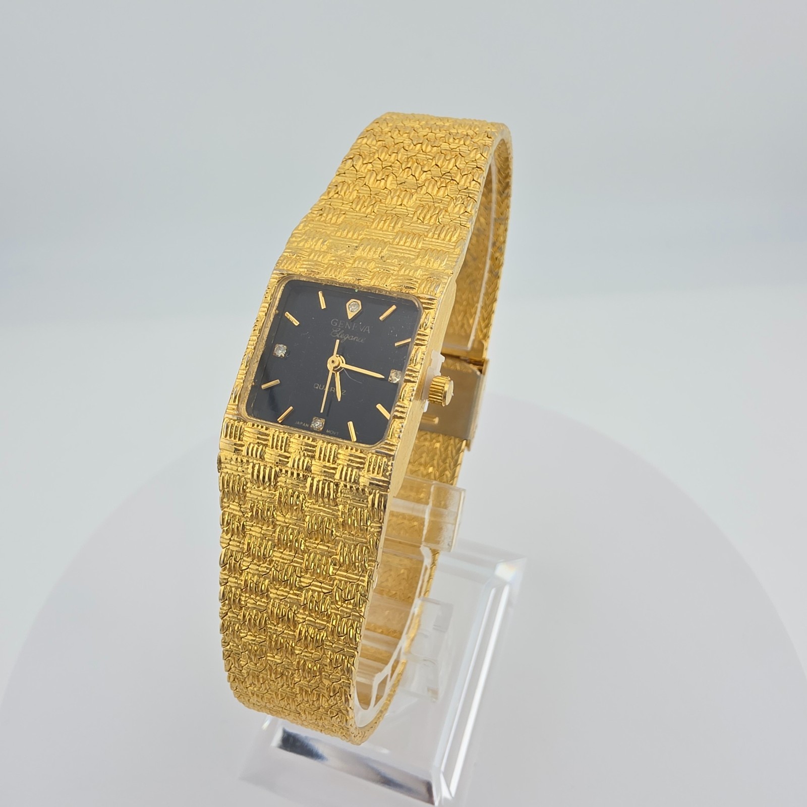 Vtg GENEVA Elegance Ladies Watch Crystal Indices Basket Weave Band Gold Plate 8″