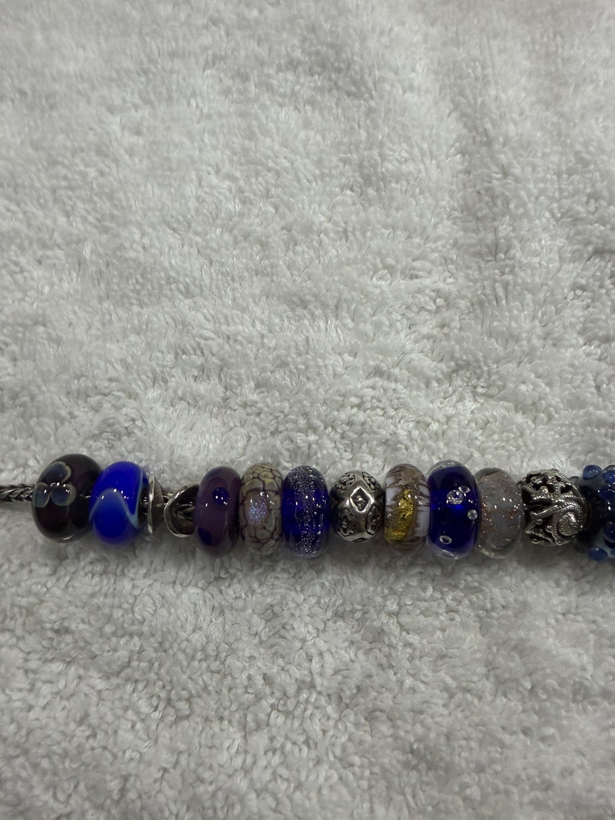Trollbeads SS 7.5 inch Charm Bracelet with 17 Retired Charms in Blues & Purples