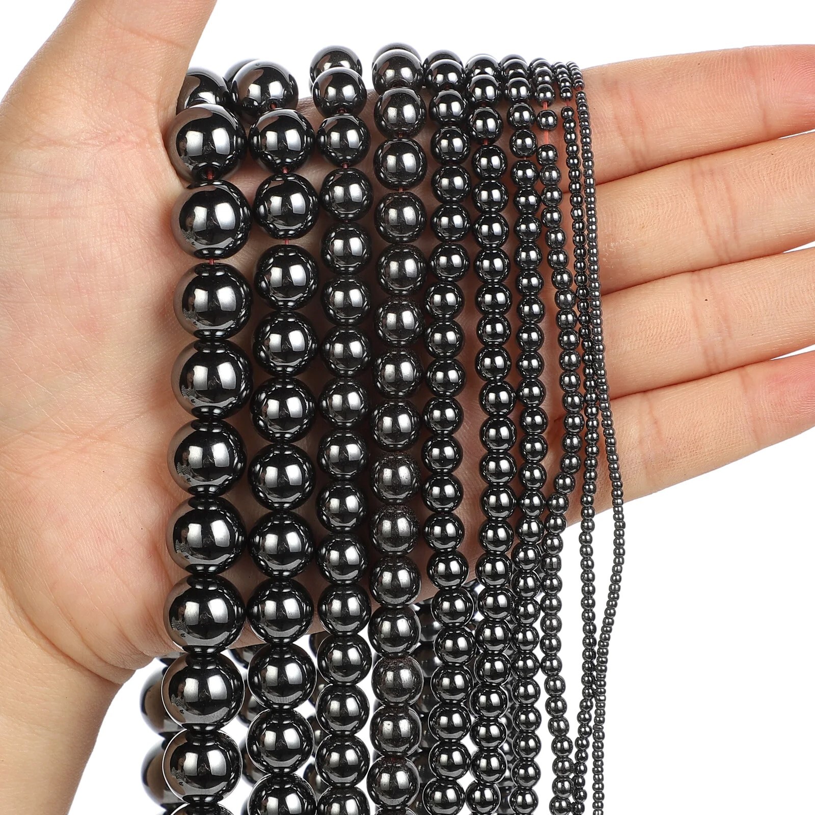 4-12mm Natural Black Hematite Stone Round Loose Spacer Beads for Jewelry Making