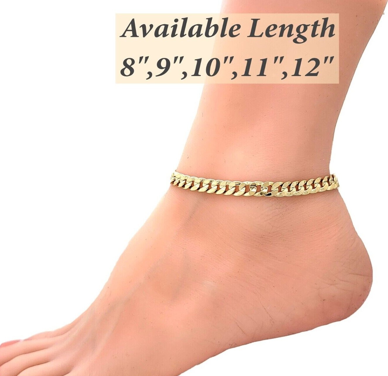 Ankle Bracelet for Women Concave Cuban Chain Anklet 8″,9″,10″,11″,12″ Small-Plus