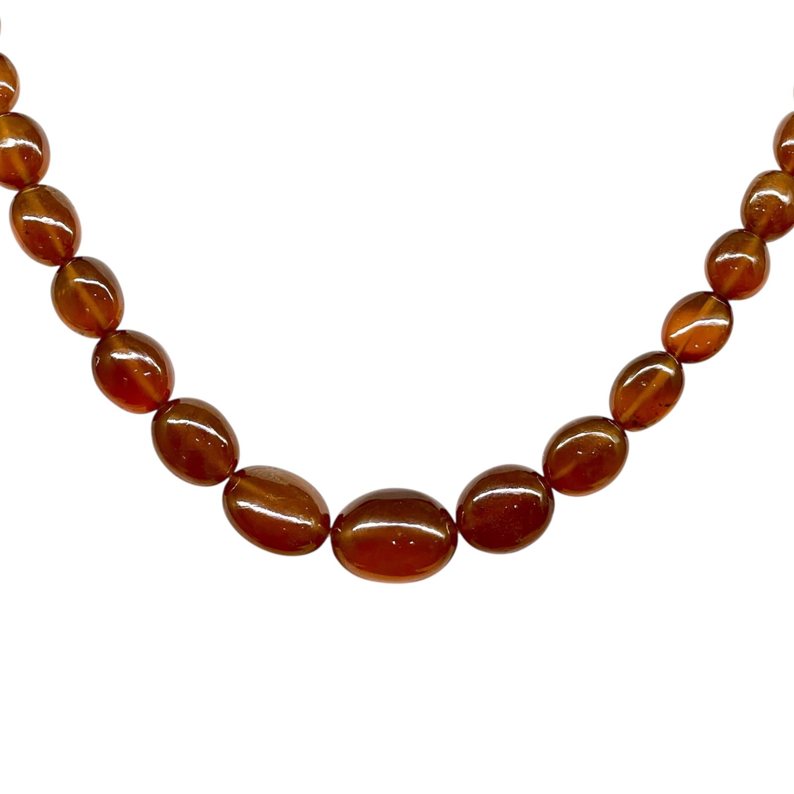 18 Inch Natural Hessonite Garnet Necklace Oval Cabochon Beads 925 Silver Clasp