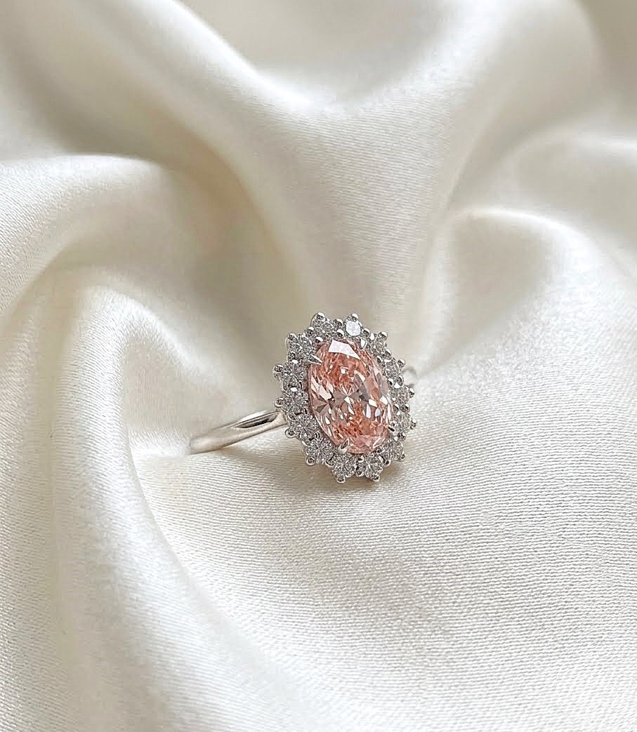 3.45 Carat Fancy Vivid Pink Oval Cut IGI Lab Created Diamond Ring 14k White Gold