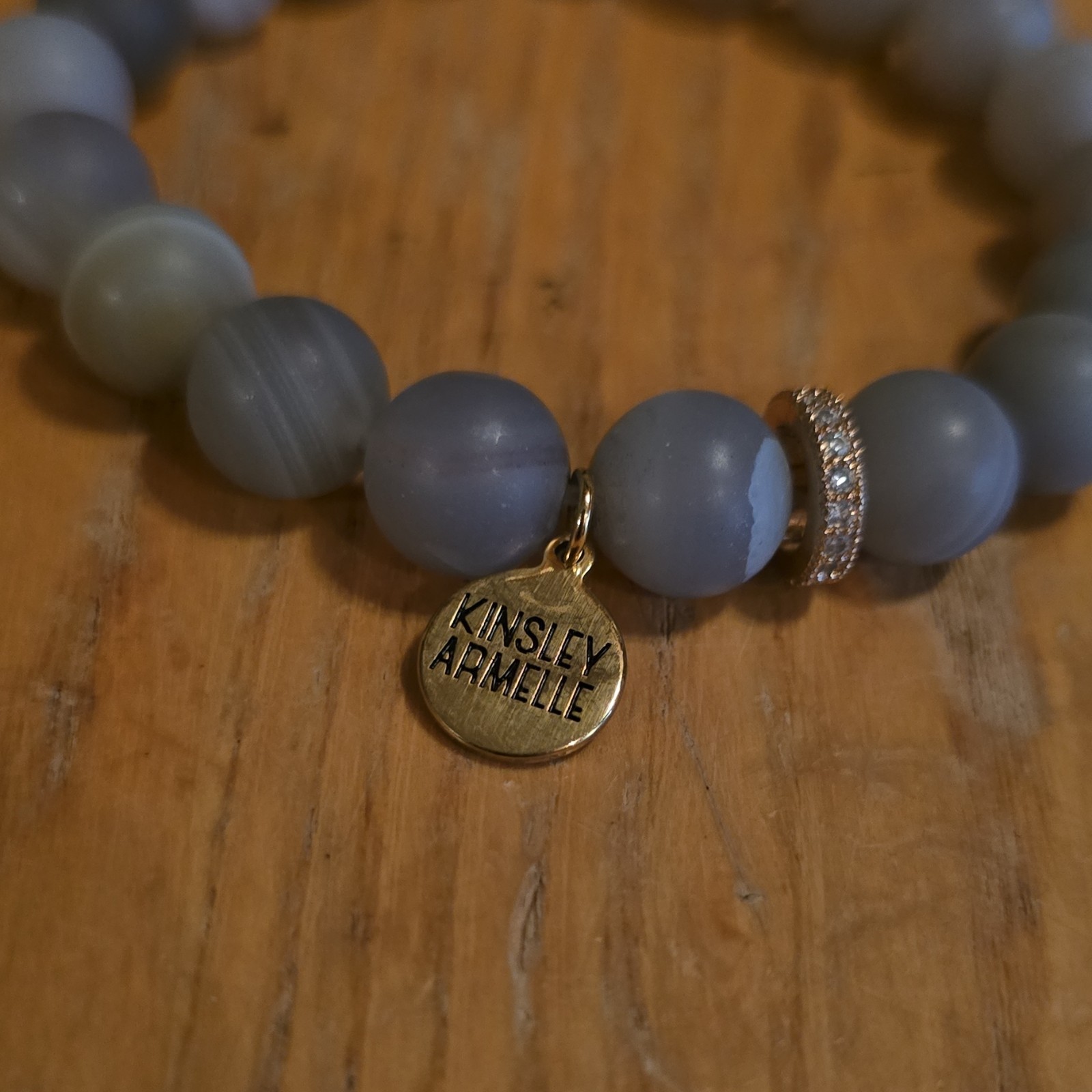 Kinsley Armelle Gray Agate Beaded Stretch Bracelet Dangle Charm Signed Stack