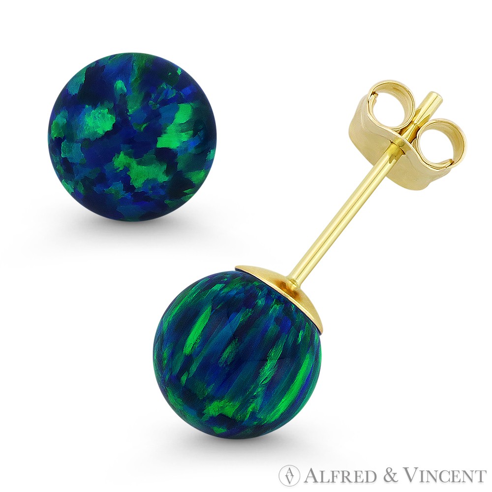 Fiery Peacock Blue Synthetic Opal Ball Pushback Stud Earrings in 14k Yellow Gold