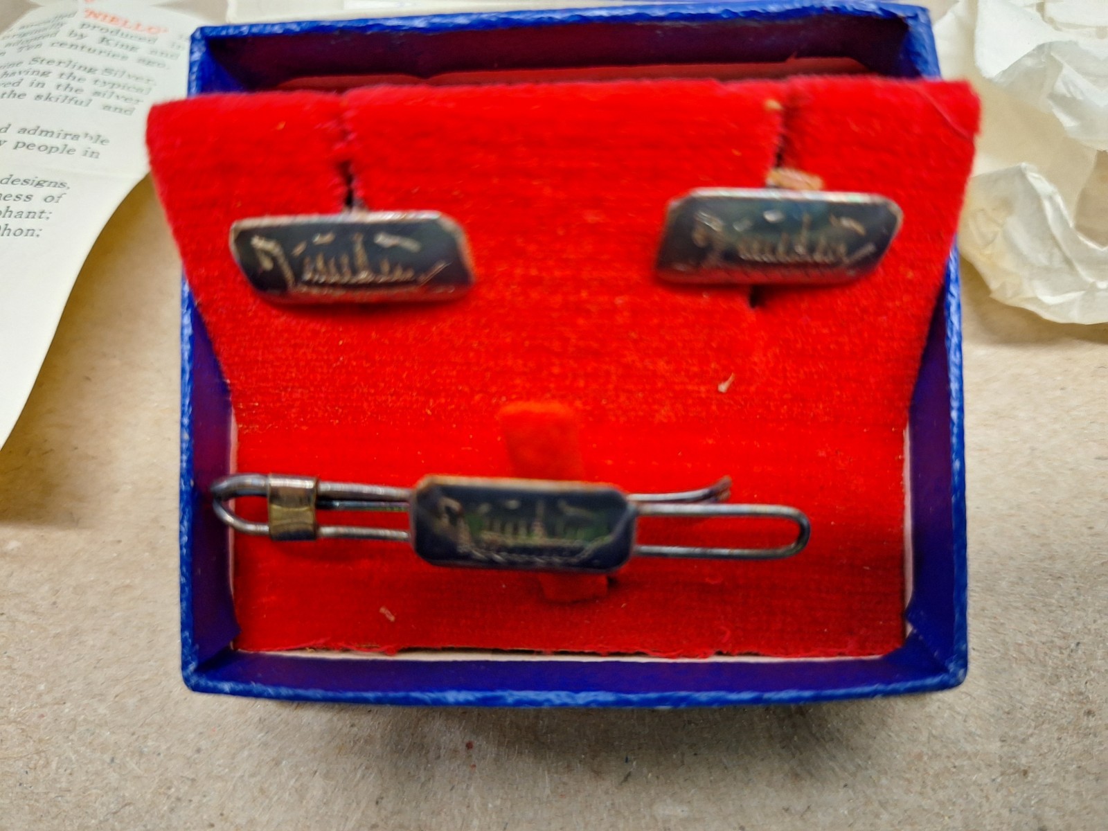 Vintage Bangkok Jewels Bronze Cufflink & Tie Clip Set with Engraved Ship Artwork