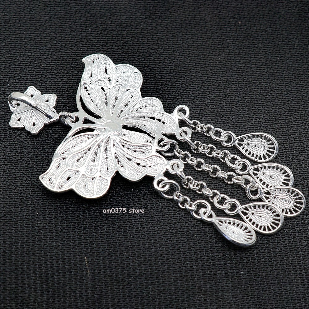 Pure 999 Fine Silver Women’s Flower Butterfly Tassel Lock Pendant 2inchL