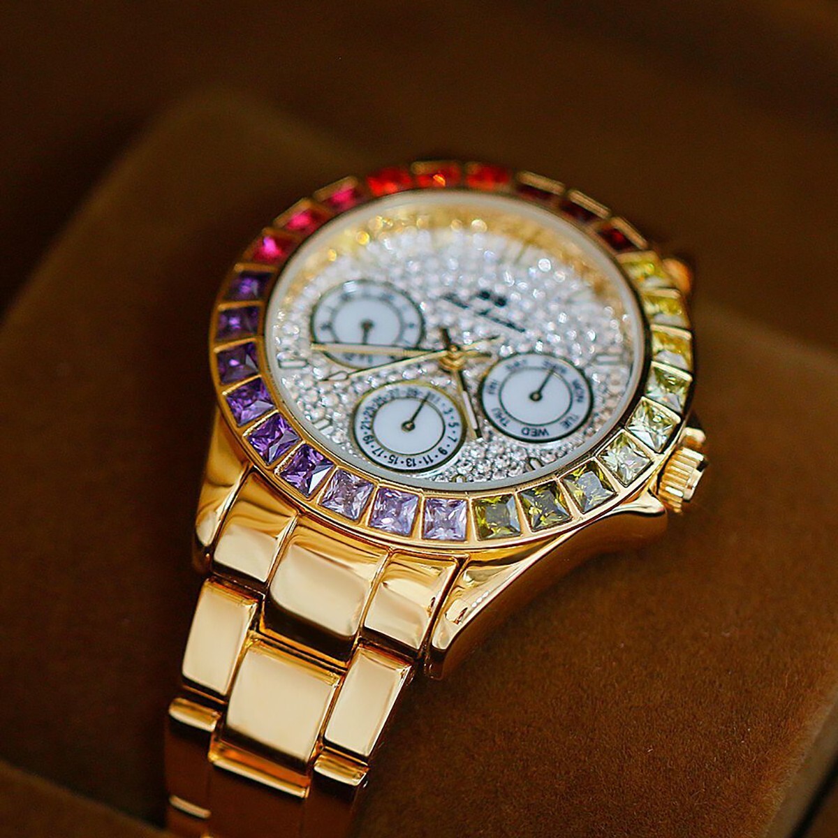 Rainbow Crystal Bezel Women Watch Gold Tone Colored Gems Women’s Wrist Watch