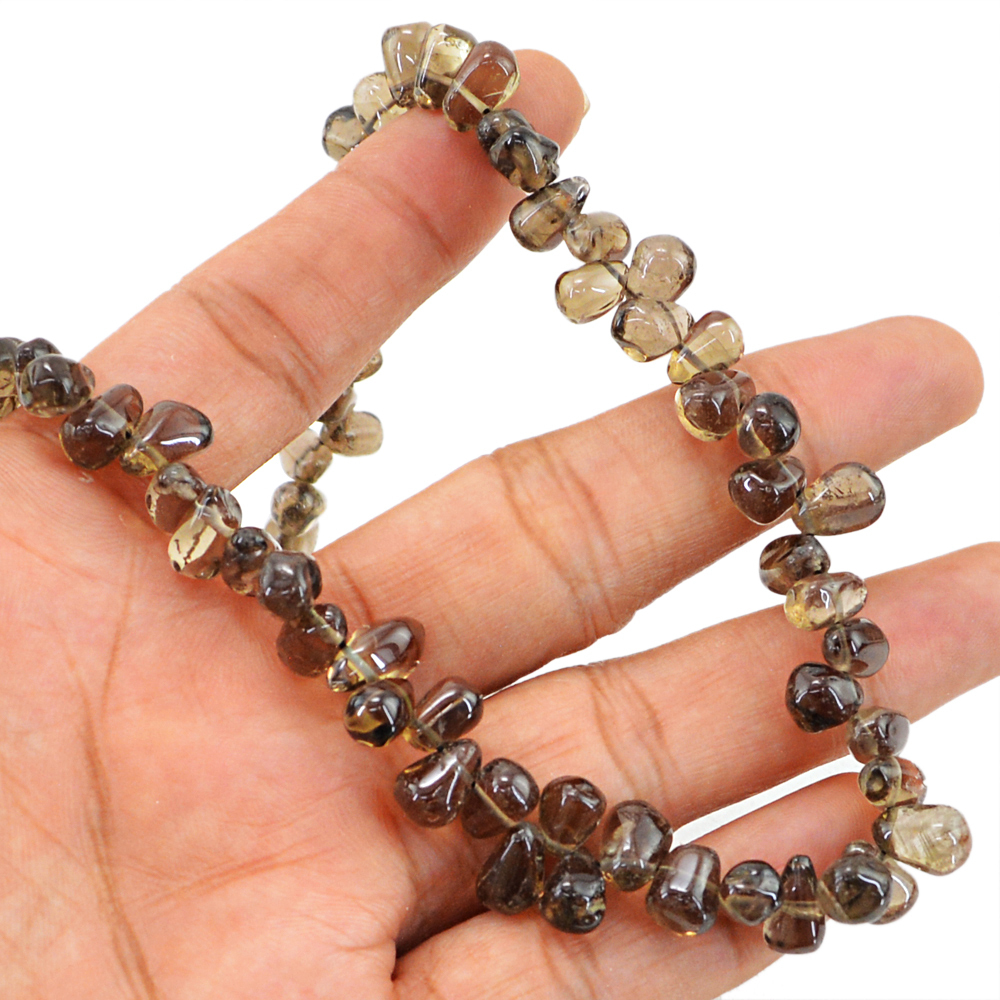 RARE 231.50 CTS NATURAL UNTREATED SMOKY QUARTZ TEAR DROP SHAPE BEADS NECKLACE