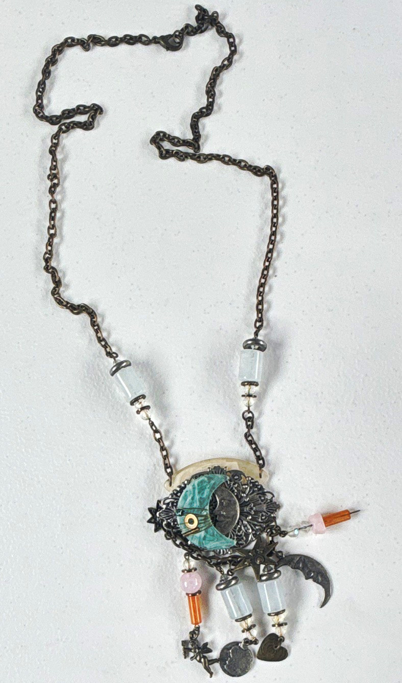 Silver Tone Cable Chain Necklace Moon & Stars Charm Pendant Blue Glass Lobster